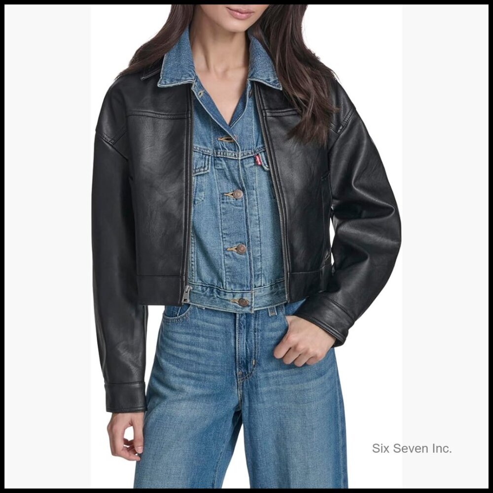 Faux Leather Relaxed Fit Zip Front Jacket with Puff Sleeves